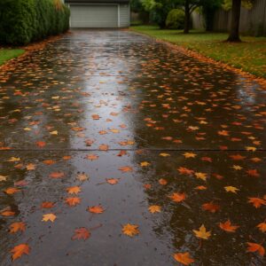Wet, leaf-covered driveway in Kent WA before carpet cleaning service